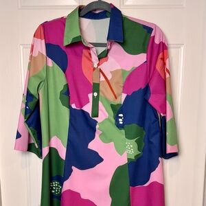 Colorful Flowy 3/4 Sleeve Collared Shirt Dress, NWOT